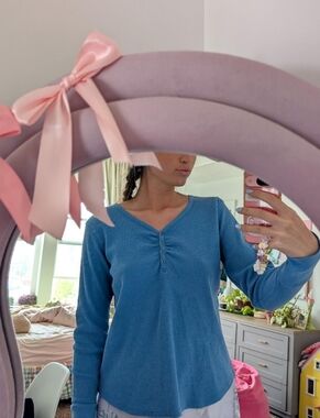 Columbia Blue Long Sleeve Henley Thermal Top